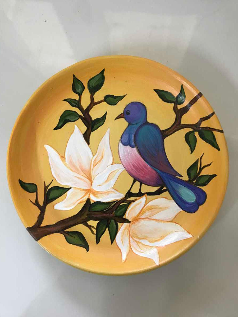 Handpainted Floral Bird Wall Plate-10"