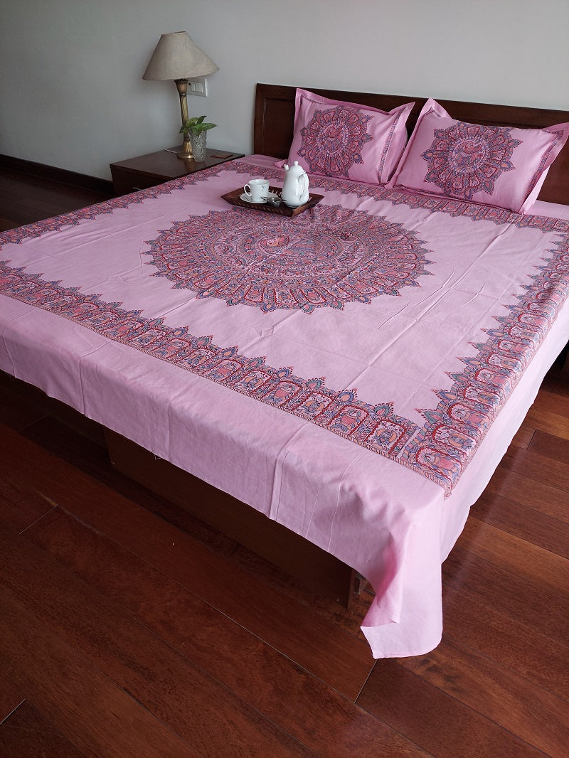 Pink Handpainted Madhubani Double Sized Bed Cover (with 2 pillow cases)