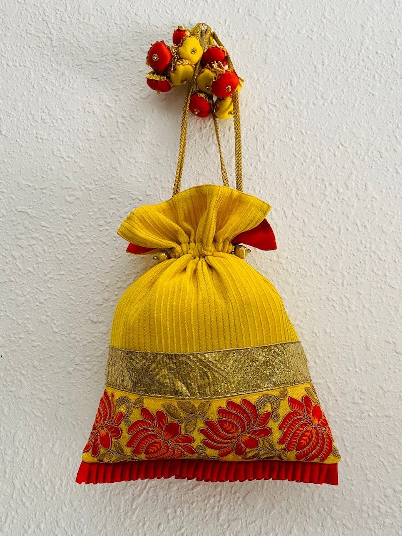 Yellow Pintucks Georgette Potli Bag