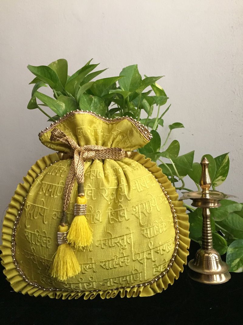 Lime Green Thread Embroidered Crepe Potli Bag