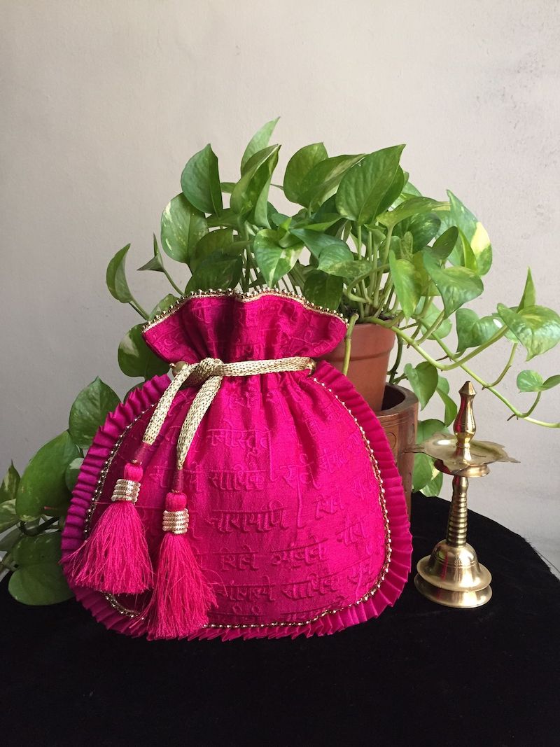 Fushia Pink Thread Embroidered Crepe Potli Bag