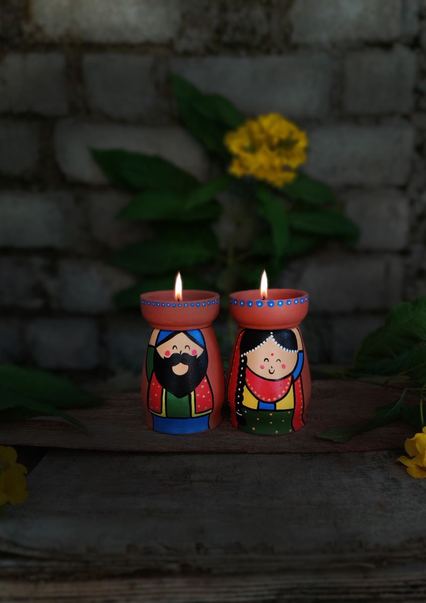 Handpainted Terracotta Indian Theme Tea Light Holders