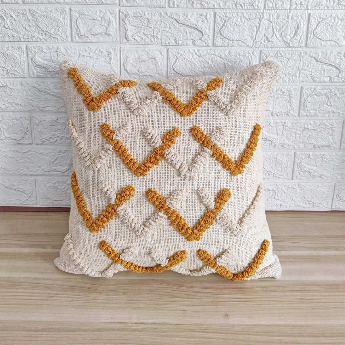Ivory & Mustard Yellow Handtufted Cushion Cover