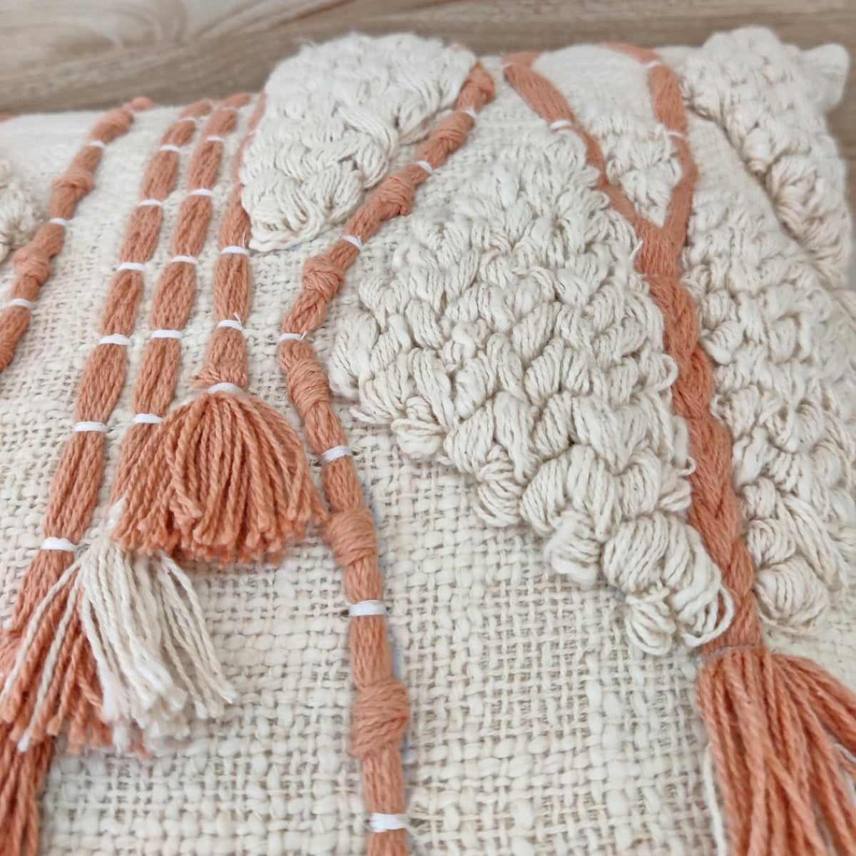 Ivory & Blush Pink Hand Embroidered Tufted Cushion Cover