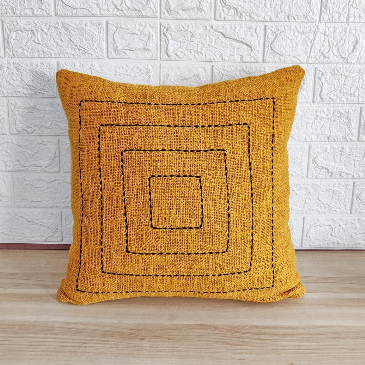 Mustard Yellow Kantha Square Design Cushion Cover