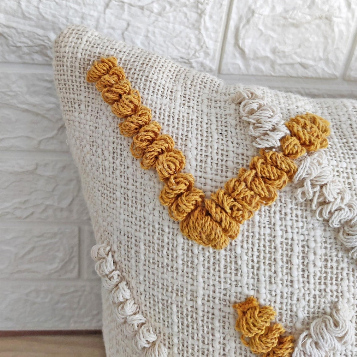 Ivory & Mustard Yellow Handtufted Cushion Cover