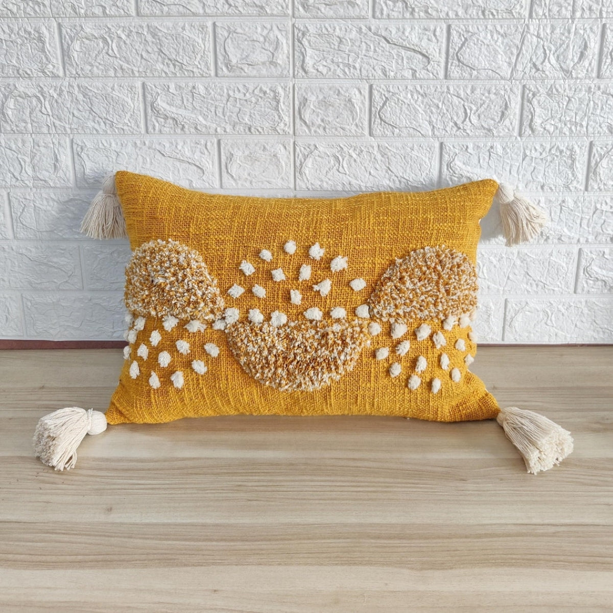 Mustard Yellow & Ivory Hand Embroidered Tufted Cushion Cover