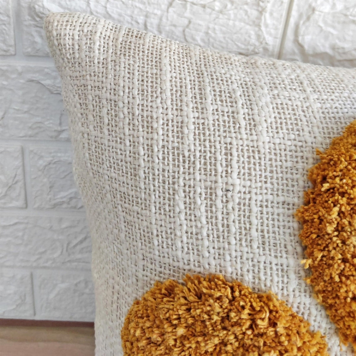Ivory & Mustard Yellow Circle Design Handtufted Cushion Cover