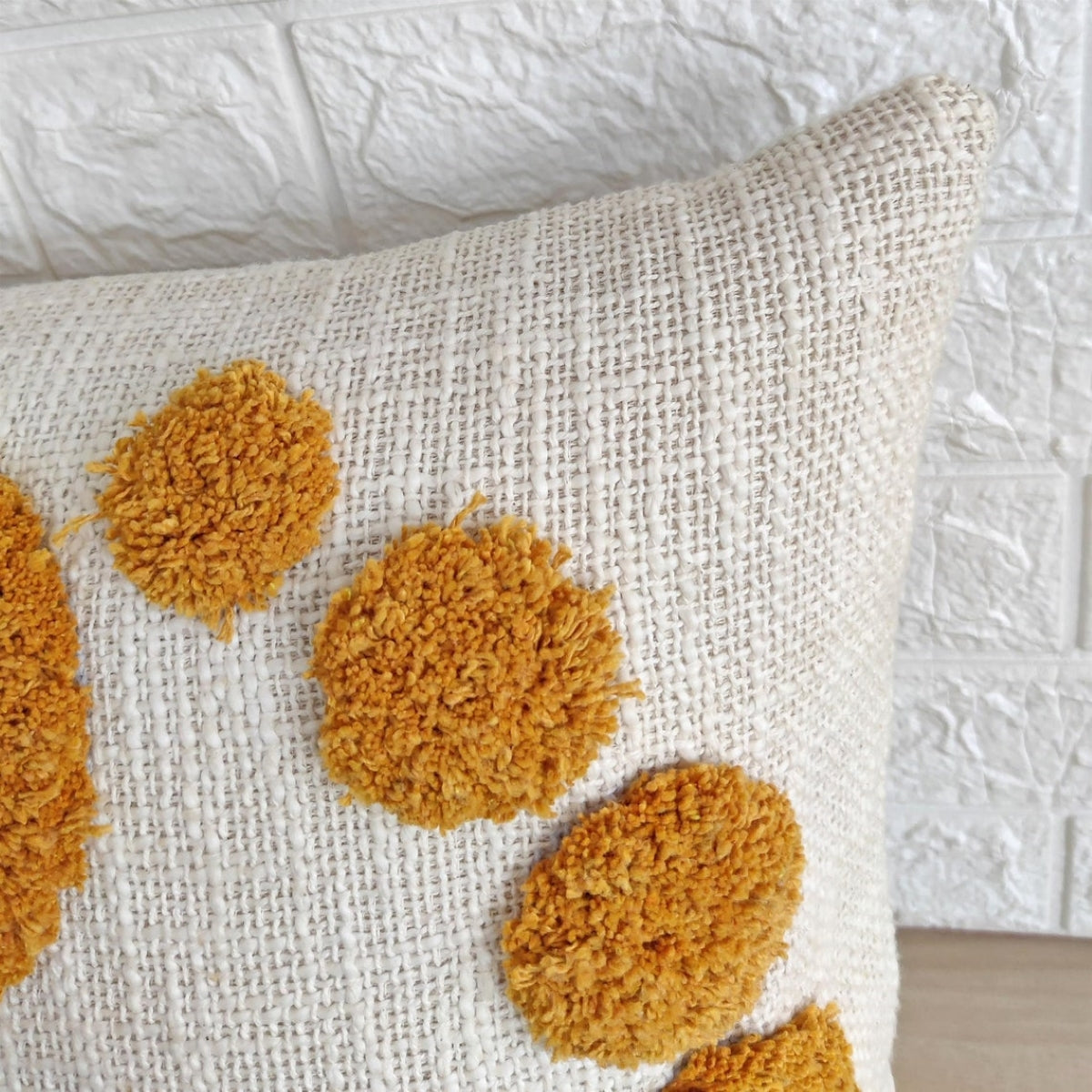 Ivory & Mustard Yellow Circle Design Handtufted Cushion Cover