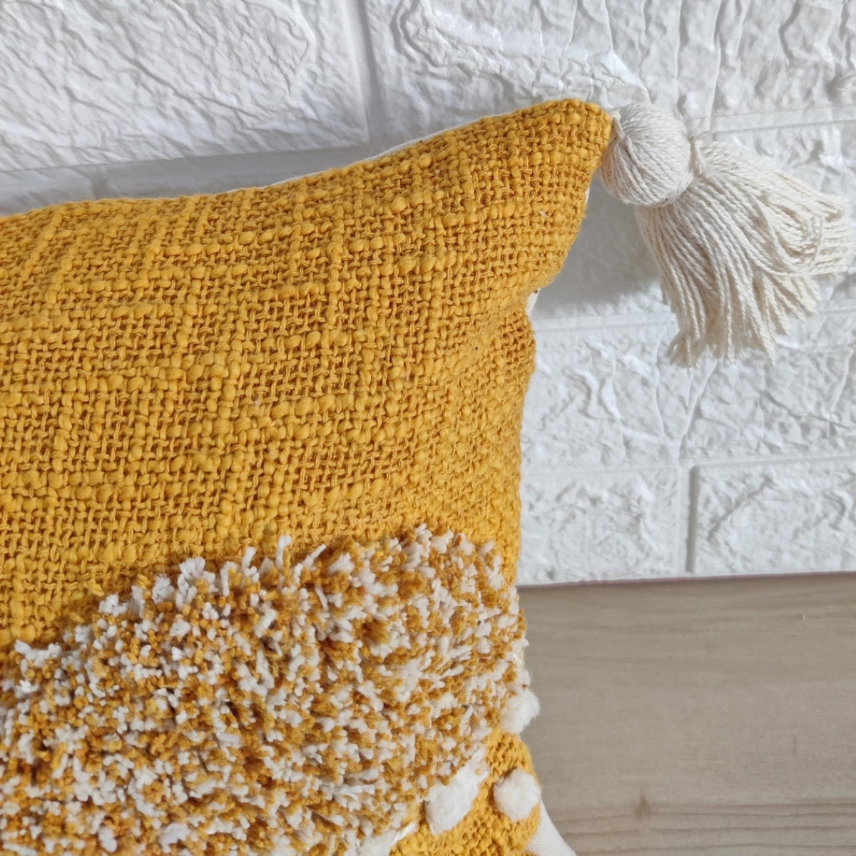 Mustard Yellow & Ivory Hand Embroidered Tufted Cushion Cover