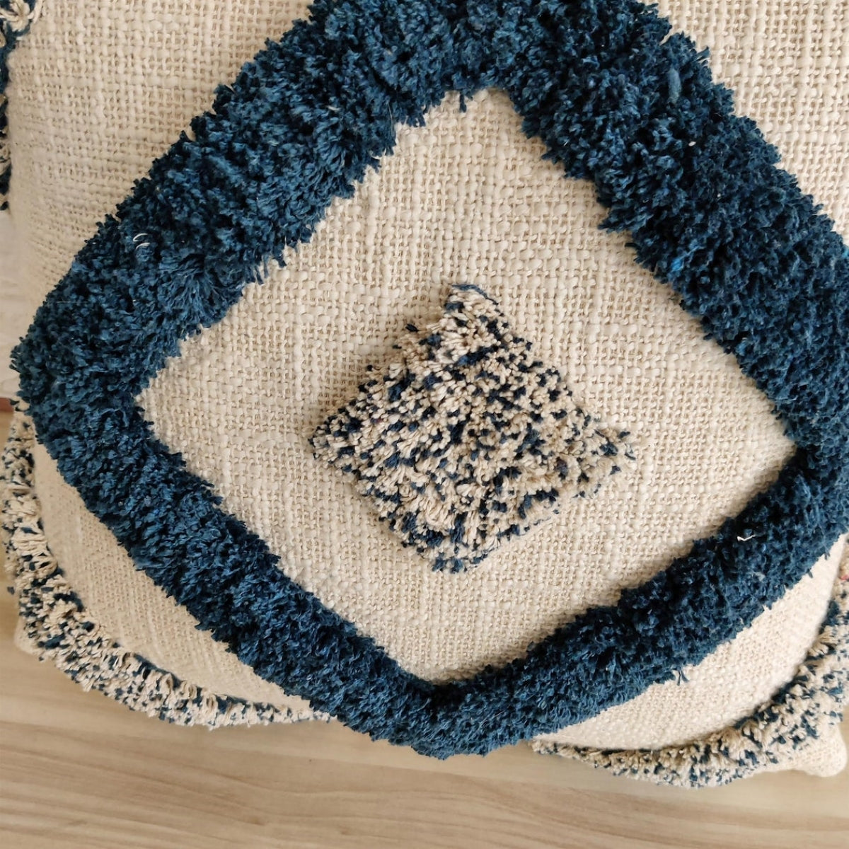 Ivory & Navy Blue Diamond Design Handtufted Cushion Cover