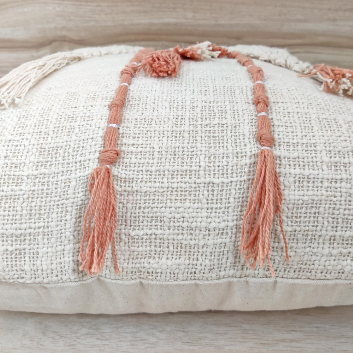 Ivory & Blush Pink Hand Embroidered Tufted Cushion Cover