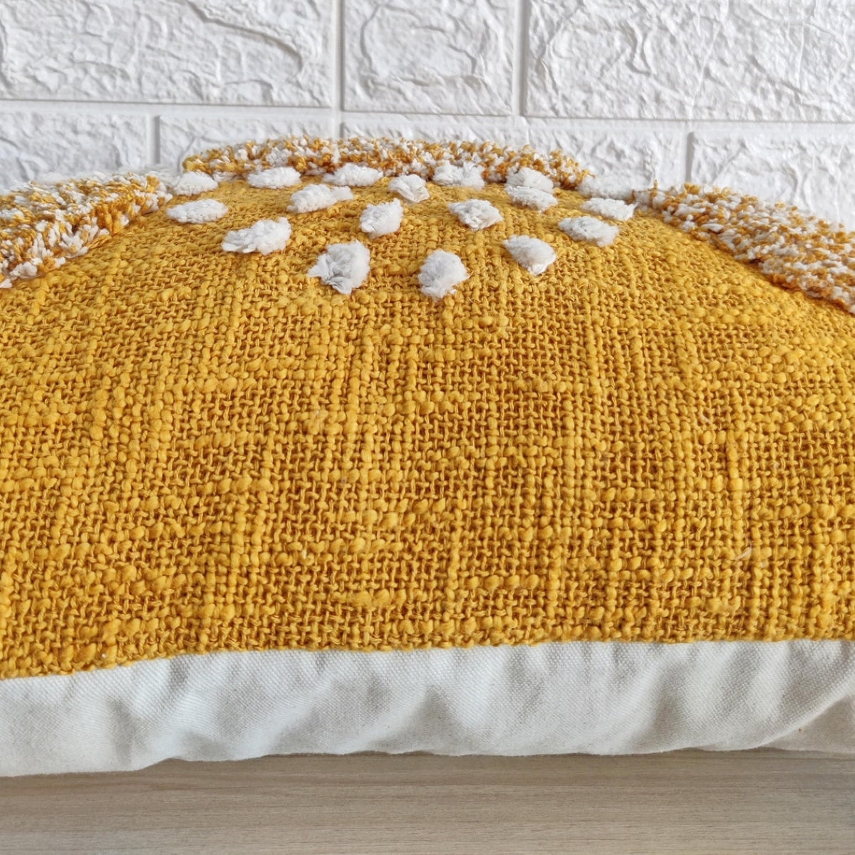 Mustard Yellow & Ivory Hand Embroidered Tufted Cushion Cover