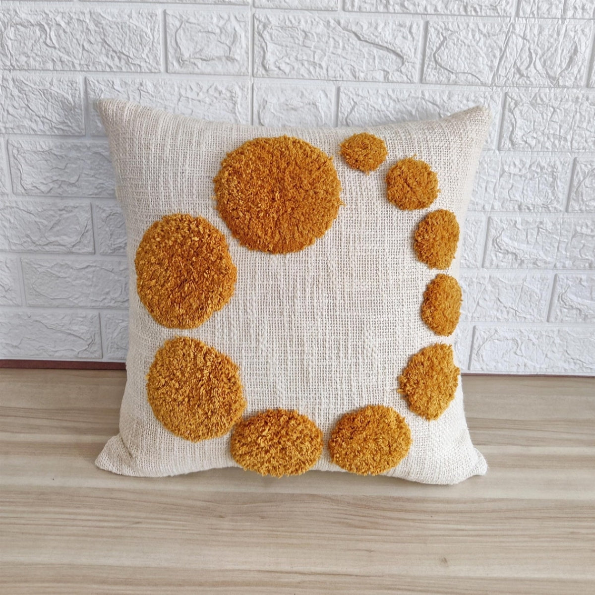 Ivory & Mustard Yellow Circle Design Handtufted Cushion Cover