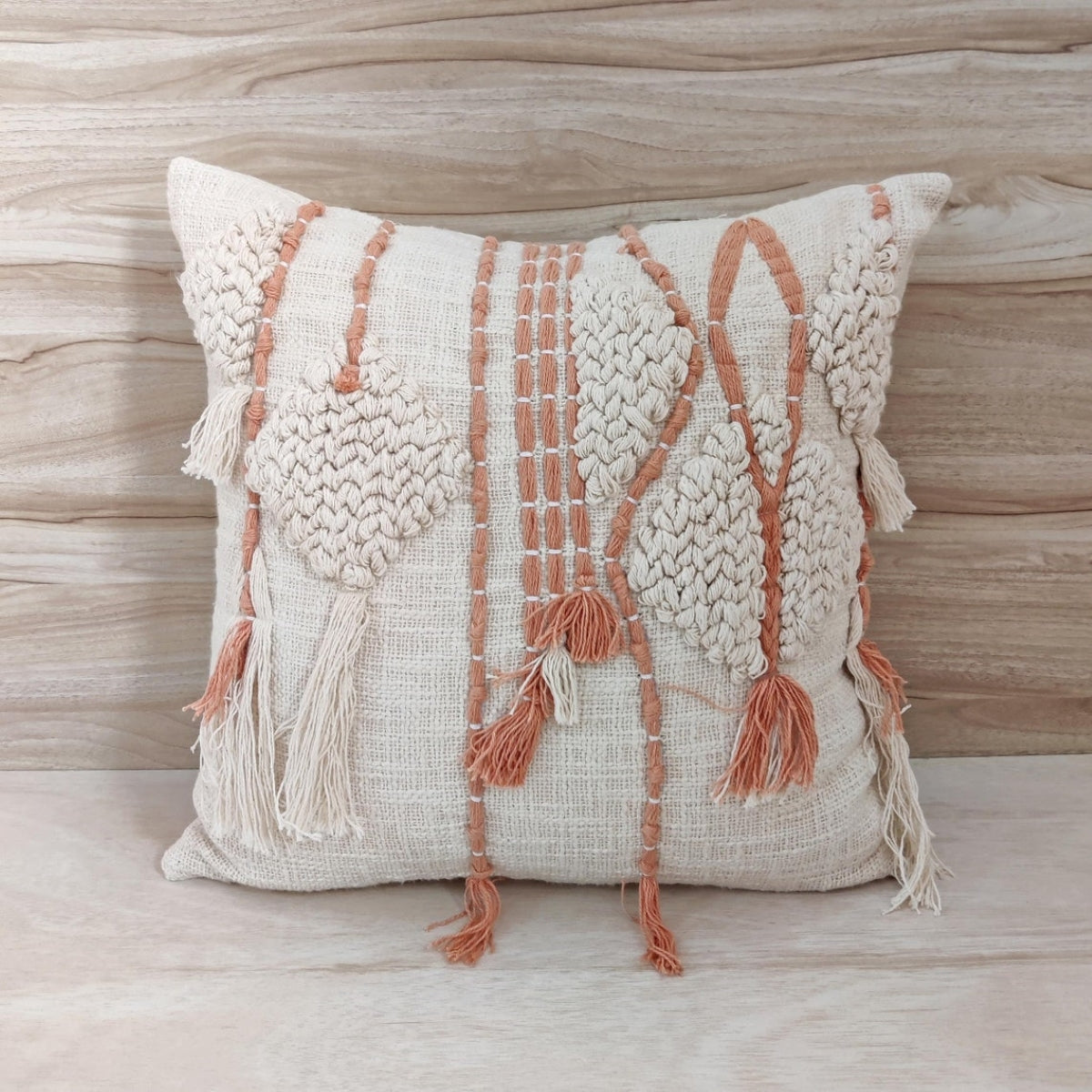 Ivory & Blush Pink Hand Embroidered Tufted Cushion Cover