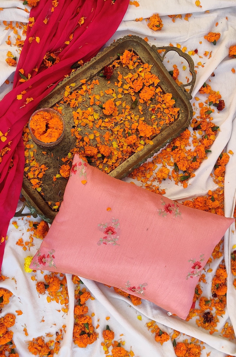 Pink Floral Embroidery Cushion Cover