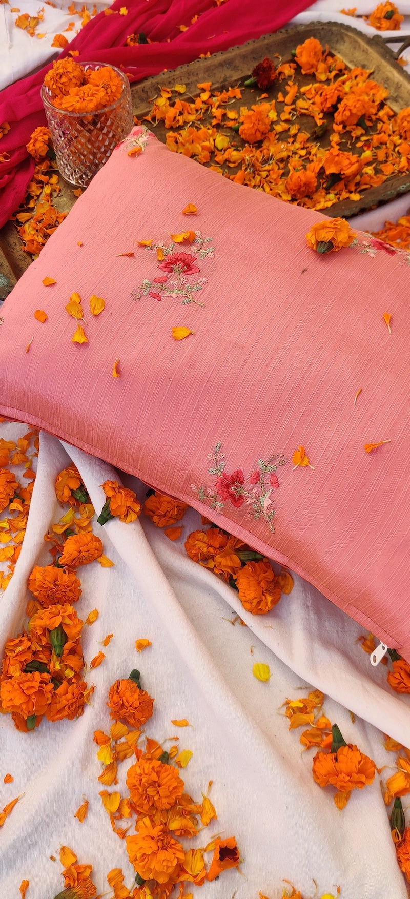Pink Floral Embroidery Cushion Cover
