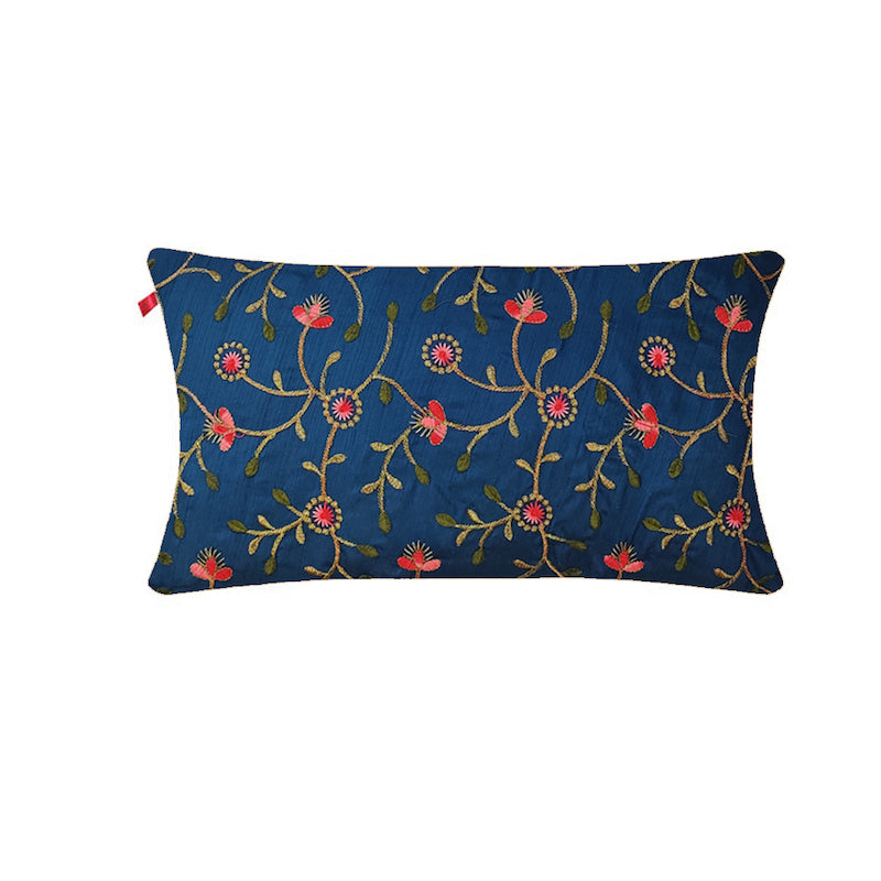 Blue Floral Embroidery Cushion Cover