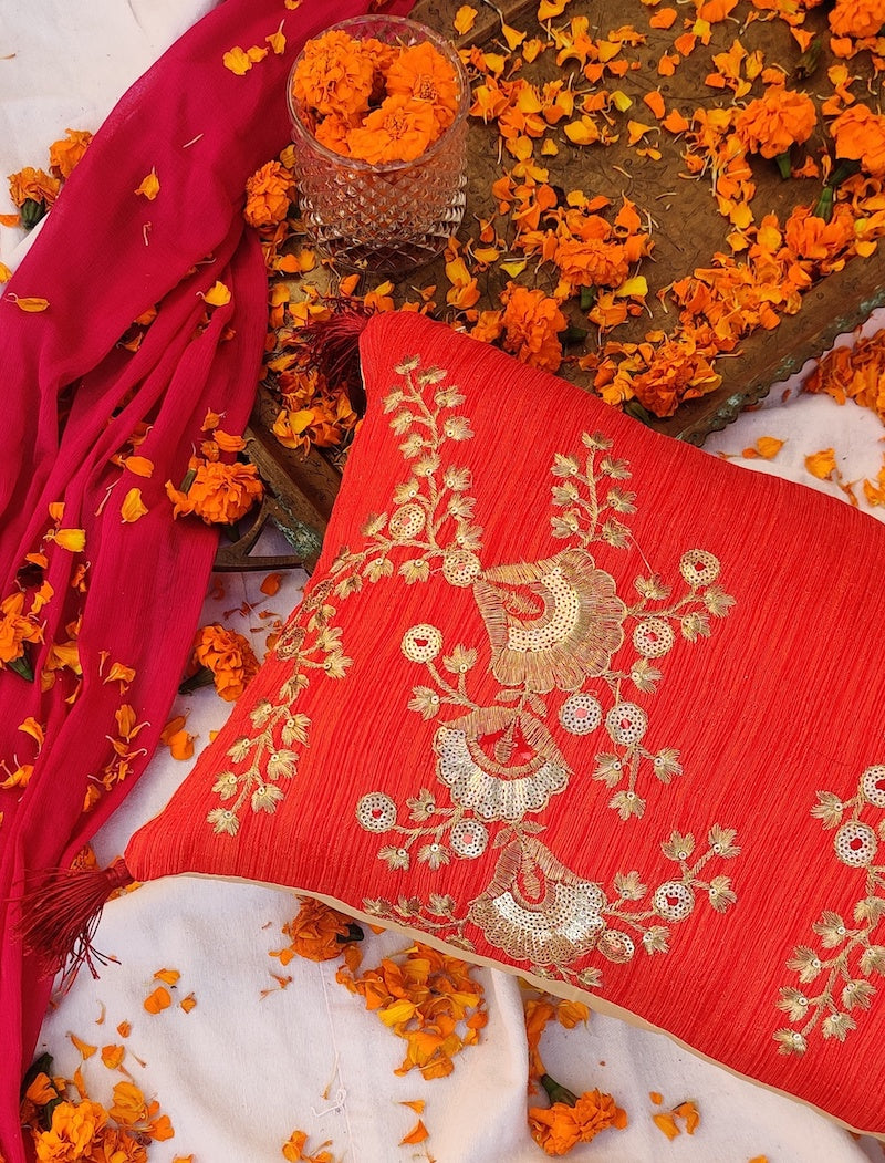 Red Zari Embroidery Cushion Cover