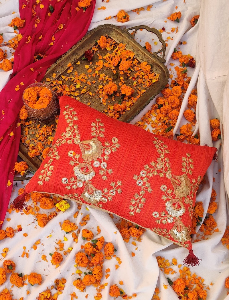 Red Zari Embroidery Cushion Cover