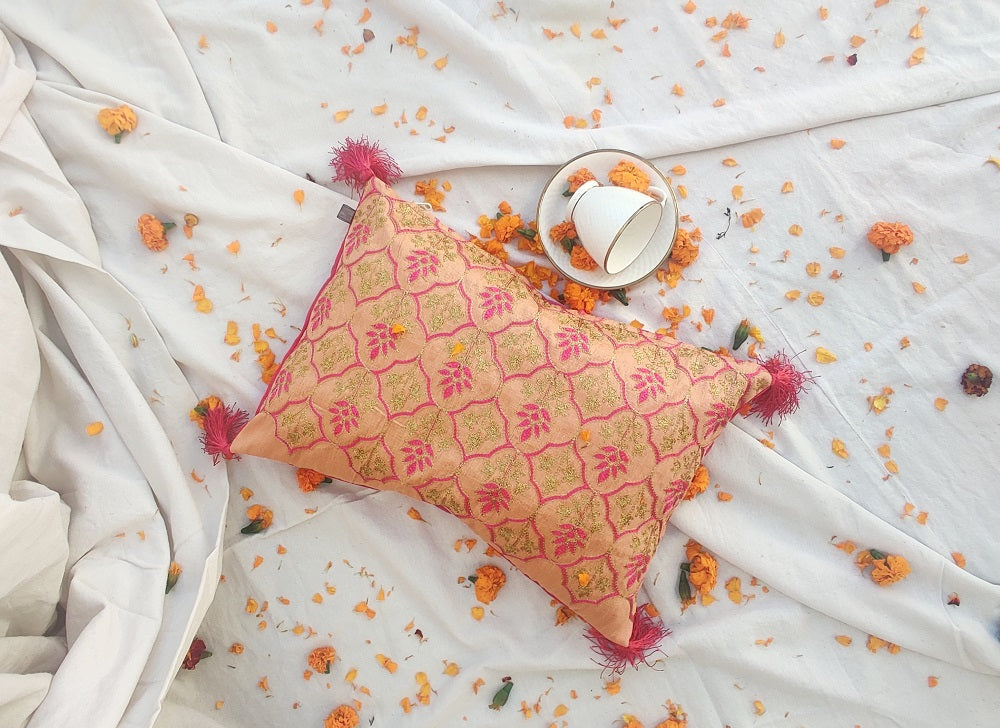 Pink Mughal Embroidery Cushion Cover