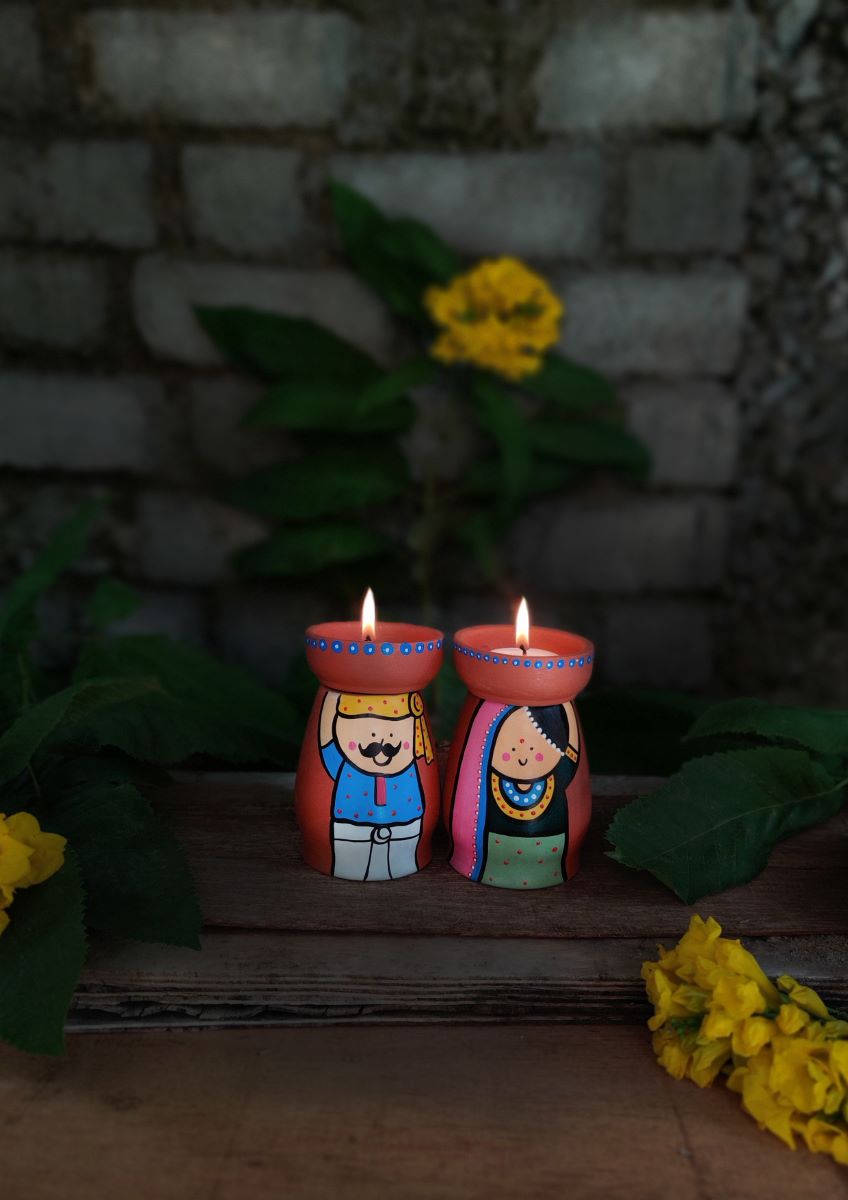 Handpainted Terracotta Indian Theme Tea Light Holders