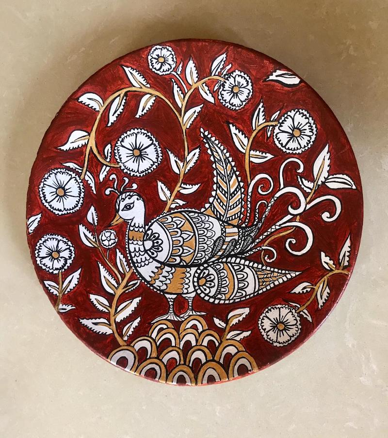 Red Handpainted Kalamkari Peacock Wall Plate (8”-10”-12”)