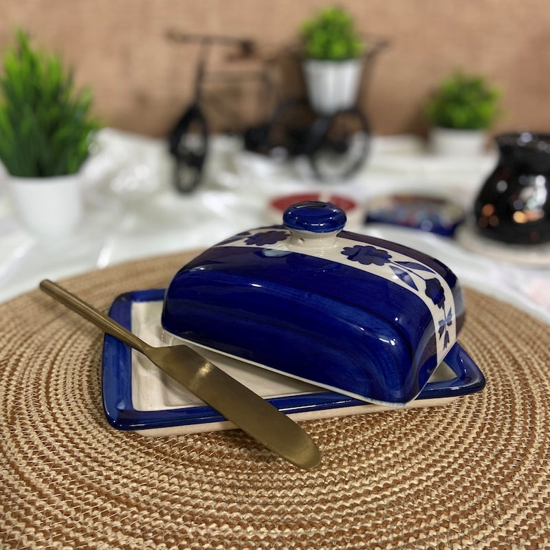 Royal Blue Floral Print Ceramic Butter Dish
