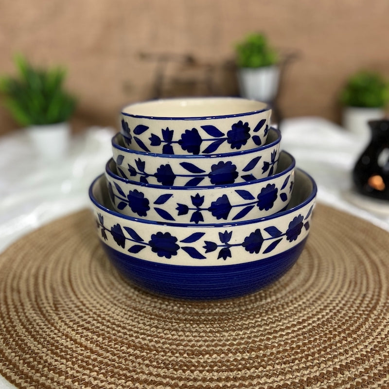 Royal Blue Floral Hand-painted Serving Bowls (Set of 4)