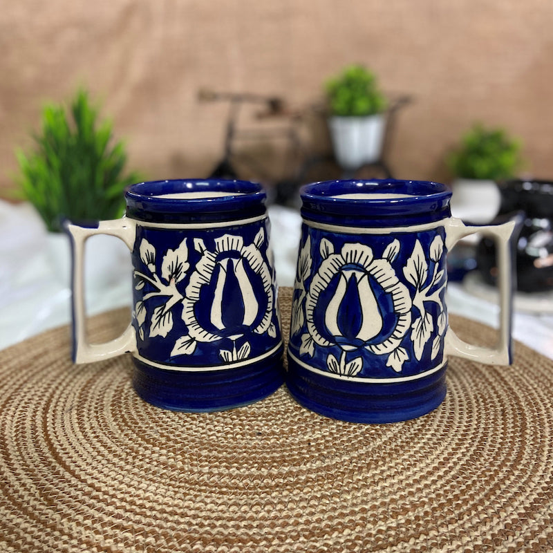Royal Blue Mughal Floral Print Milk or Coffee Mugs ( Set of 2 )