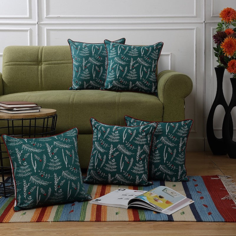Green Leaf Print Designer Cushion Covers (Set of 5)