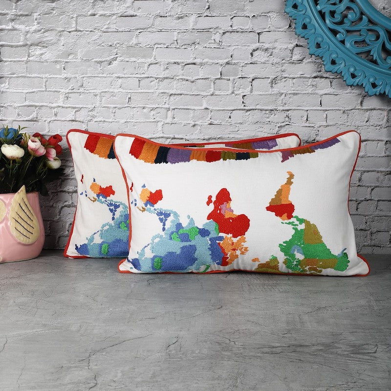 Hand Embroidered World Map Cushion Covers (Set of 2)