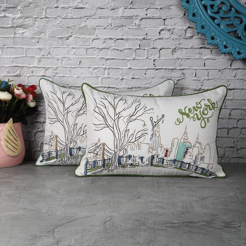 New York Theme Hand Embroidered Cushion Covers (Set of 2)