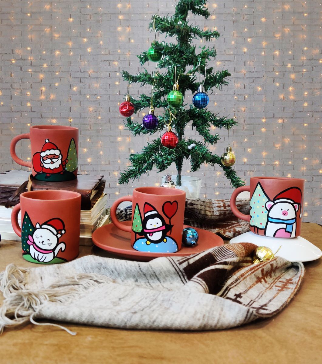 Handpainted Terracotta Christmas Mug  (Set Of 4)