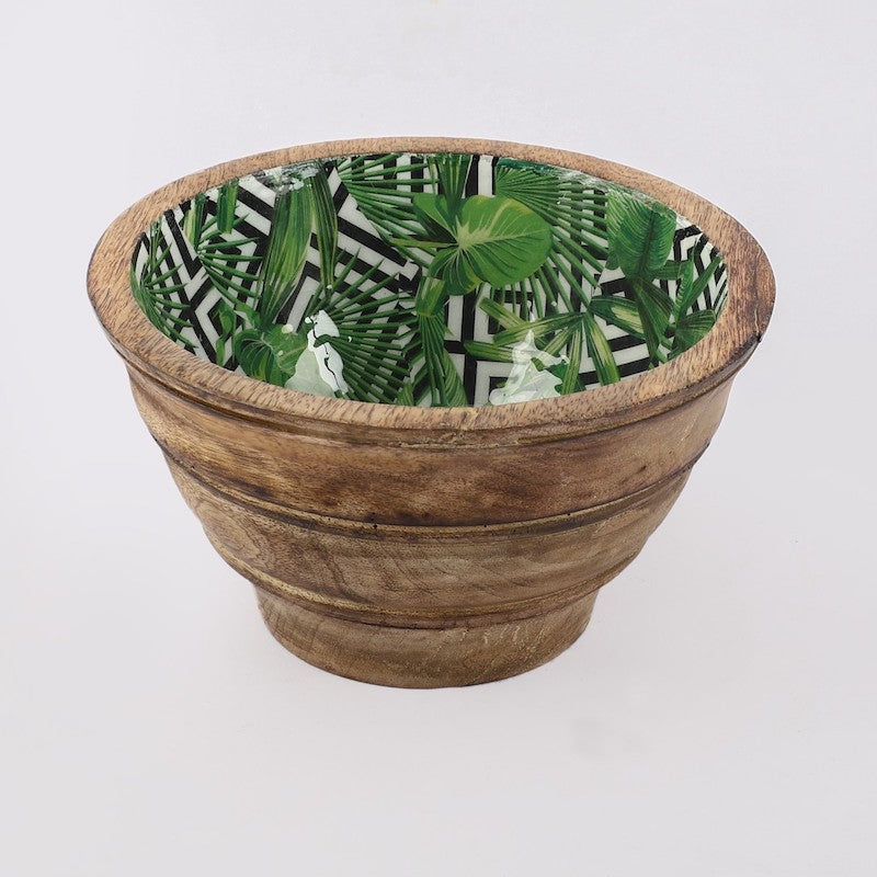 Green Handcrafted Wooden Bowl with Meena Print