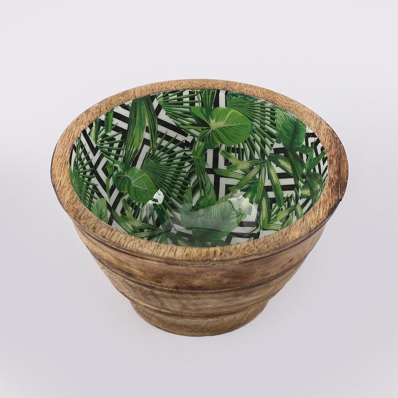 Green Handcrafted Wooden Bowl with Meena Print