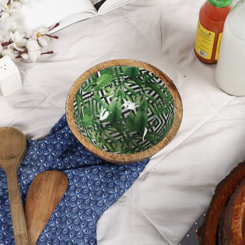 Green Handcrafted Wooden Bowl with Meena Print
