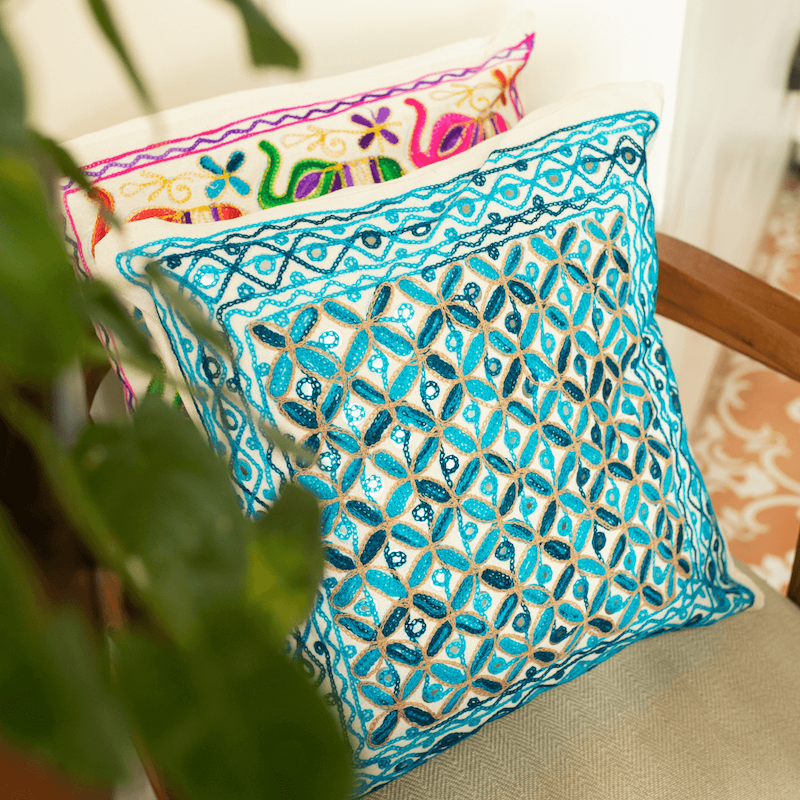 Shades of Blue Aari Embroidered Cushion Covers (Set Of 2)