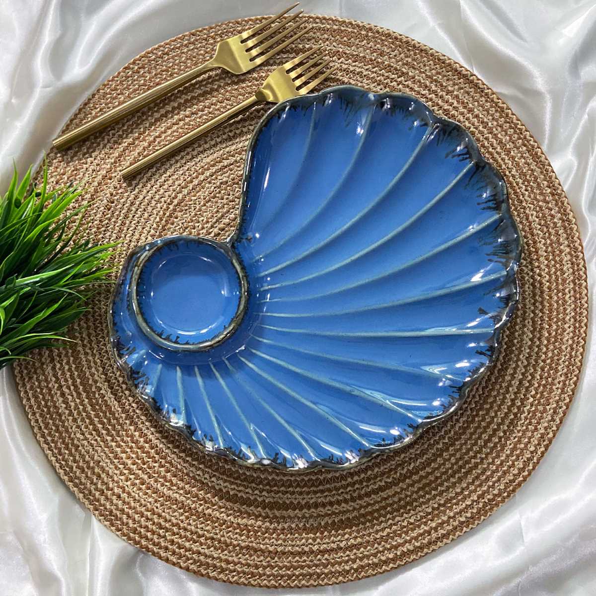 Royal Blue Shell Handcrafted Chip N Dip Ceramic Serving Platter