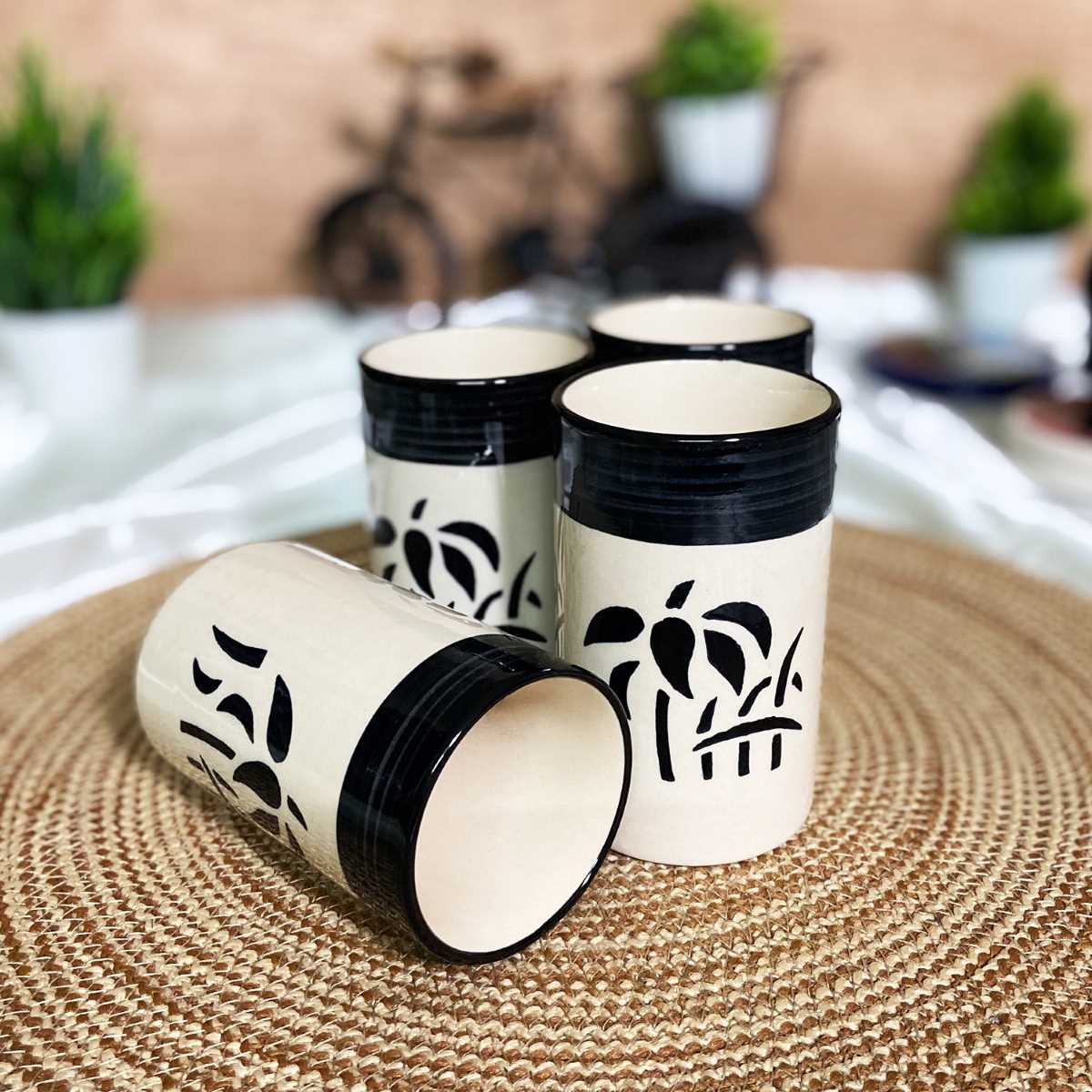 Glossy Black & White Ceramic Glasses (Set of 4)