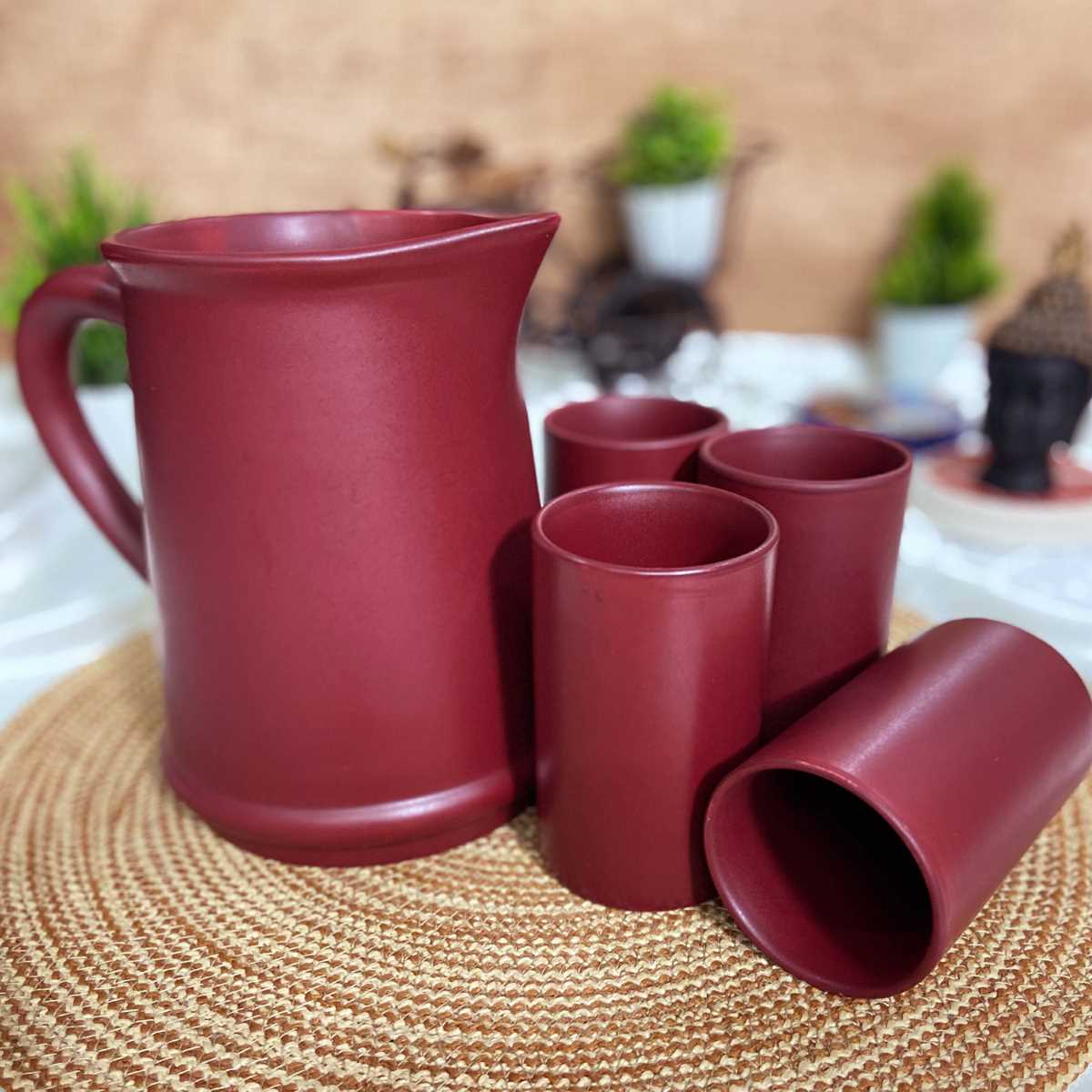 Matte Maroon Ceramic Glasses With Jug (Set of 5)