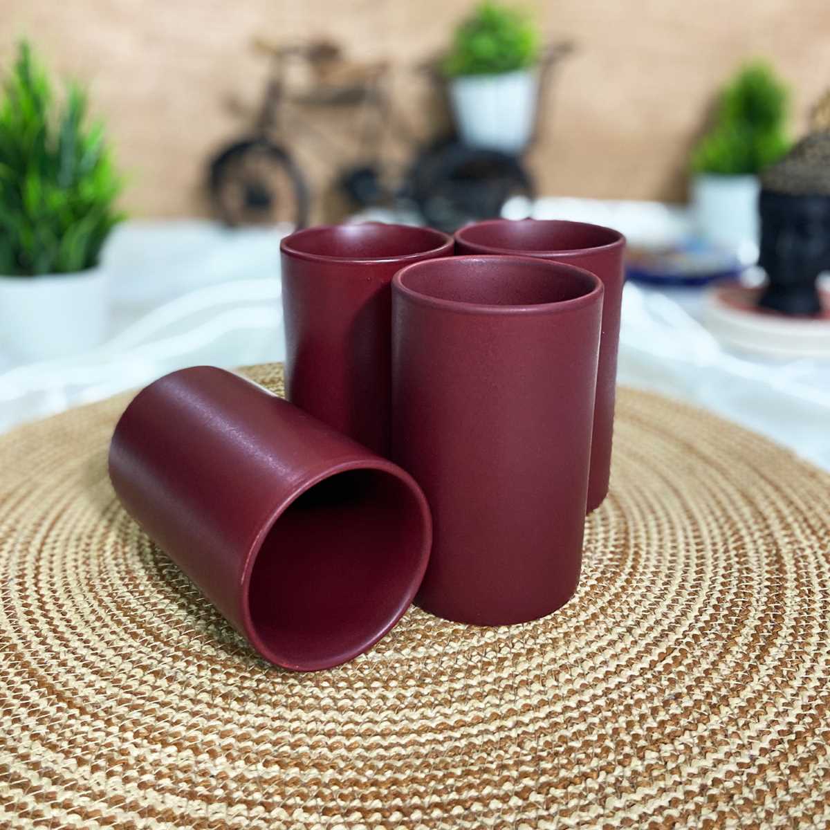 Chic Matte Maroon Ceramic Glasses (Set of 4)