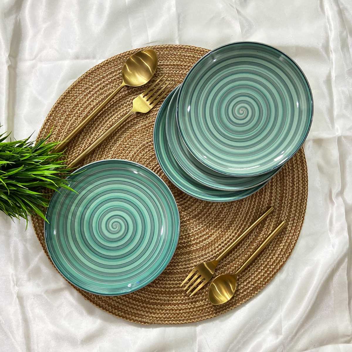 Green & Grey Hand-Painted Ceramic Quarter Plates (Set of 4)