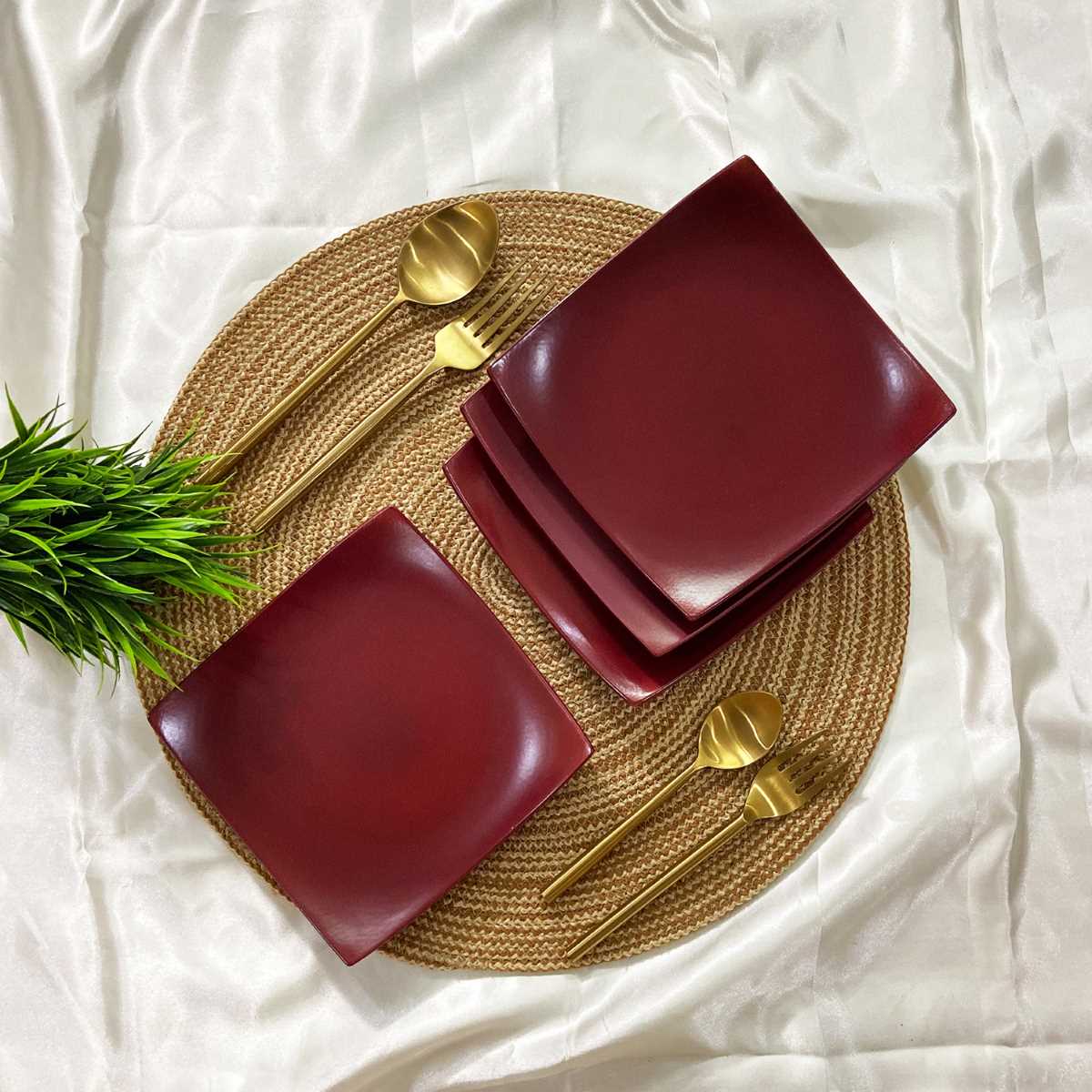 Matte Maroon Square Ceramic Quarter Plates (Set of 4)