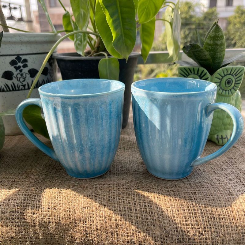 Sky Blue Lined Coffee Mugs (Set of 2)