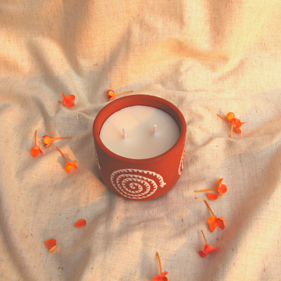 Spiral Handpainted Terracotta Soy Wax Candle With Dual Wicks