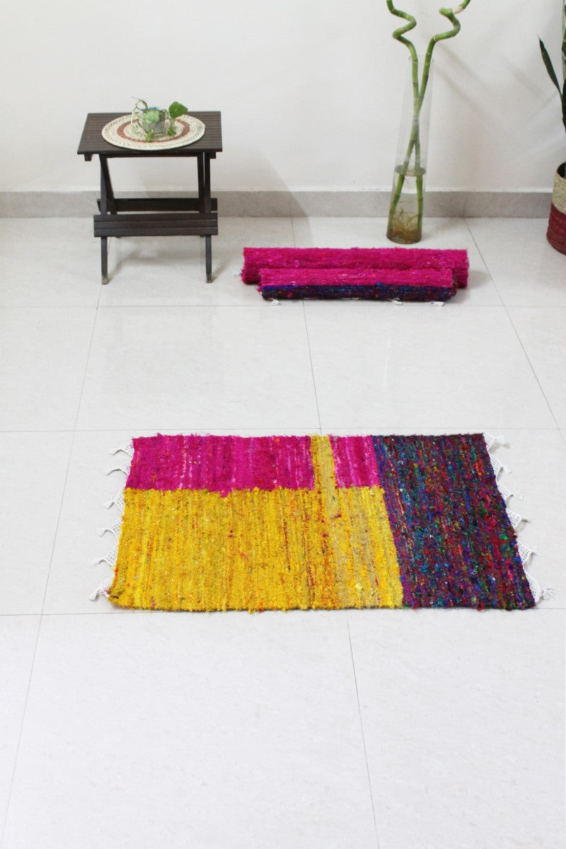 Spring Field Handcrafted Upcycled Silk Dhurrie Floor Covering