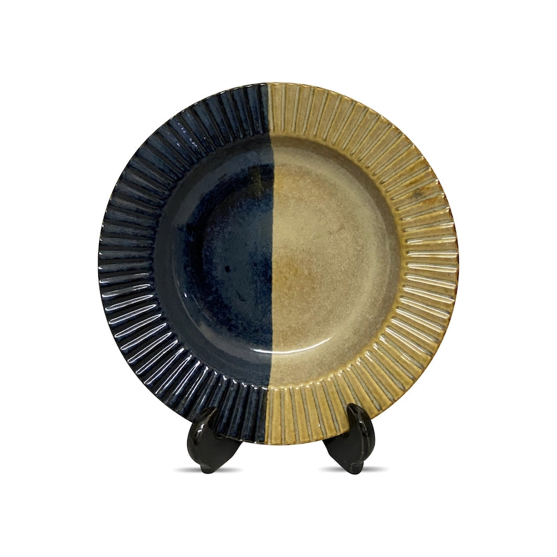 Half-Cut Blue & Brown Handglazed Ceramic Deep Pasta Plate