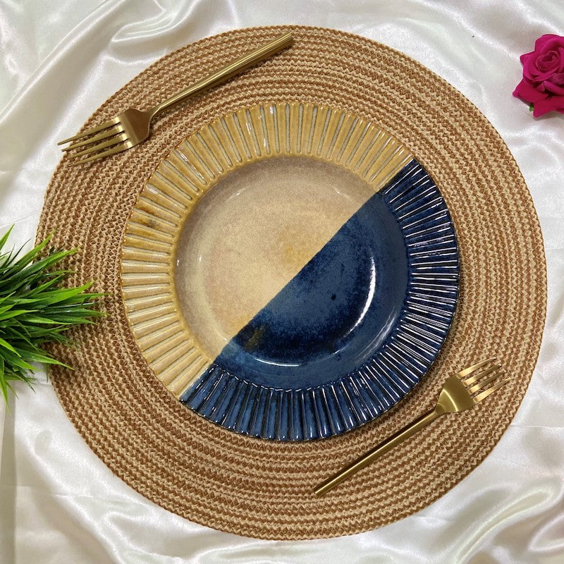 Half-Cut Blue & Brown Handglazed Ceramic Deep Pasta Plate