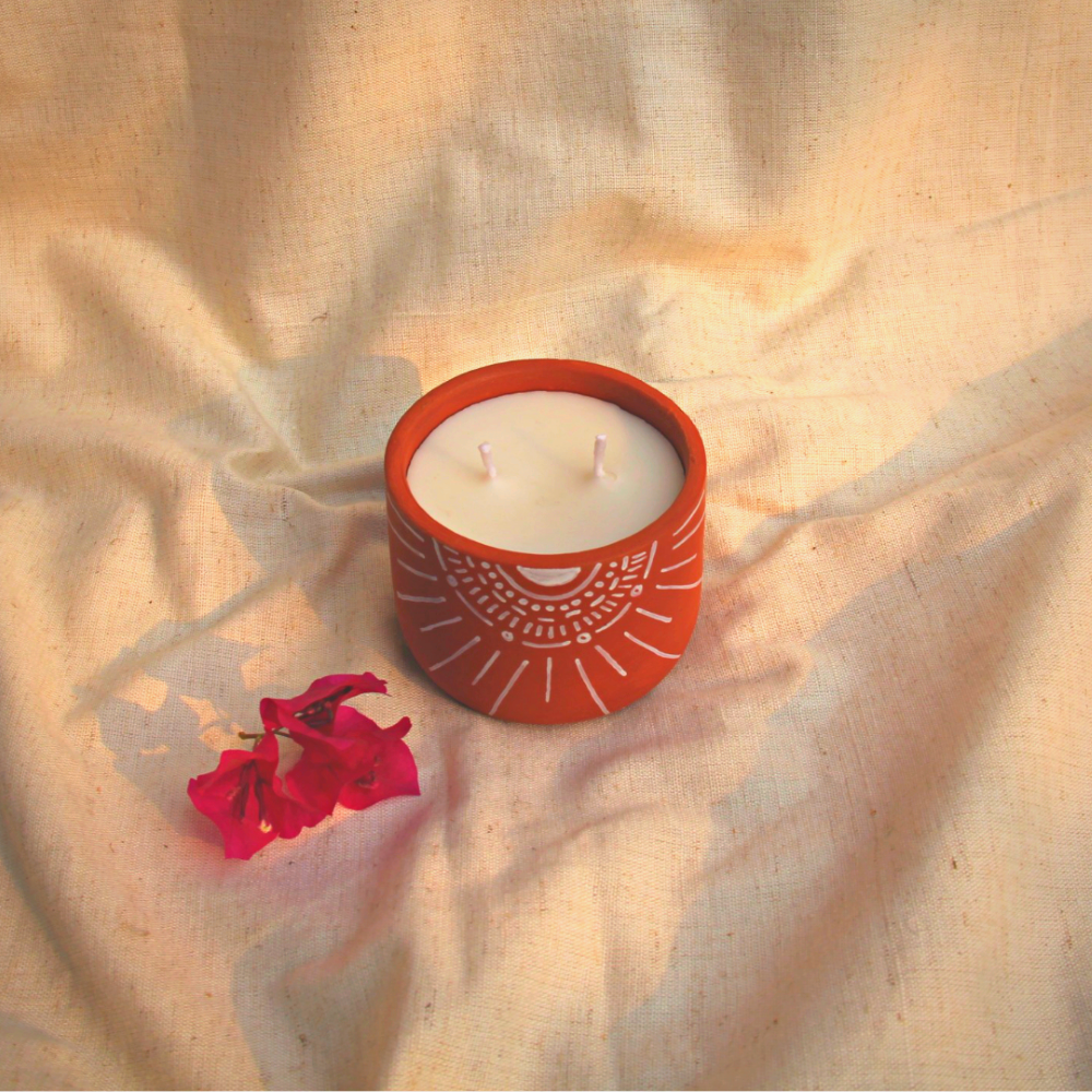 Sun Handpainted Terracotta Soy Wax Candle With Dual Wicks